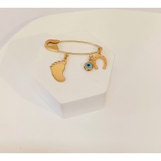 Παραμάνα Σε Κίτρινο Χρυσό 9Κ - Πατούσα, Μπλε ματάκι και πέταλο (KID179)